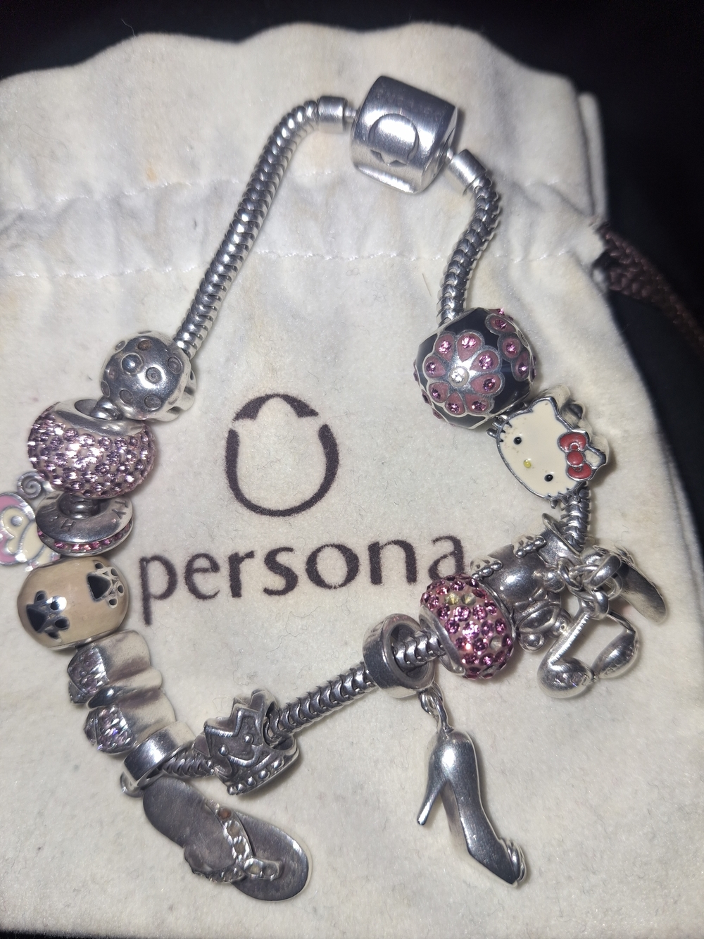 Persona Silver Charm Bracelet with Pink Accents and Girly Charms